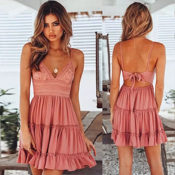 Boutique Dresses & Skirts - Backless Lace Pink Mini Dress Spaghetti Strap